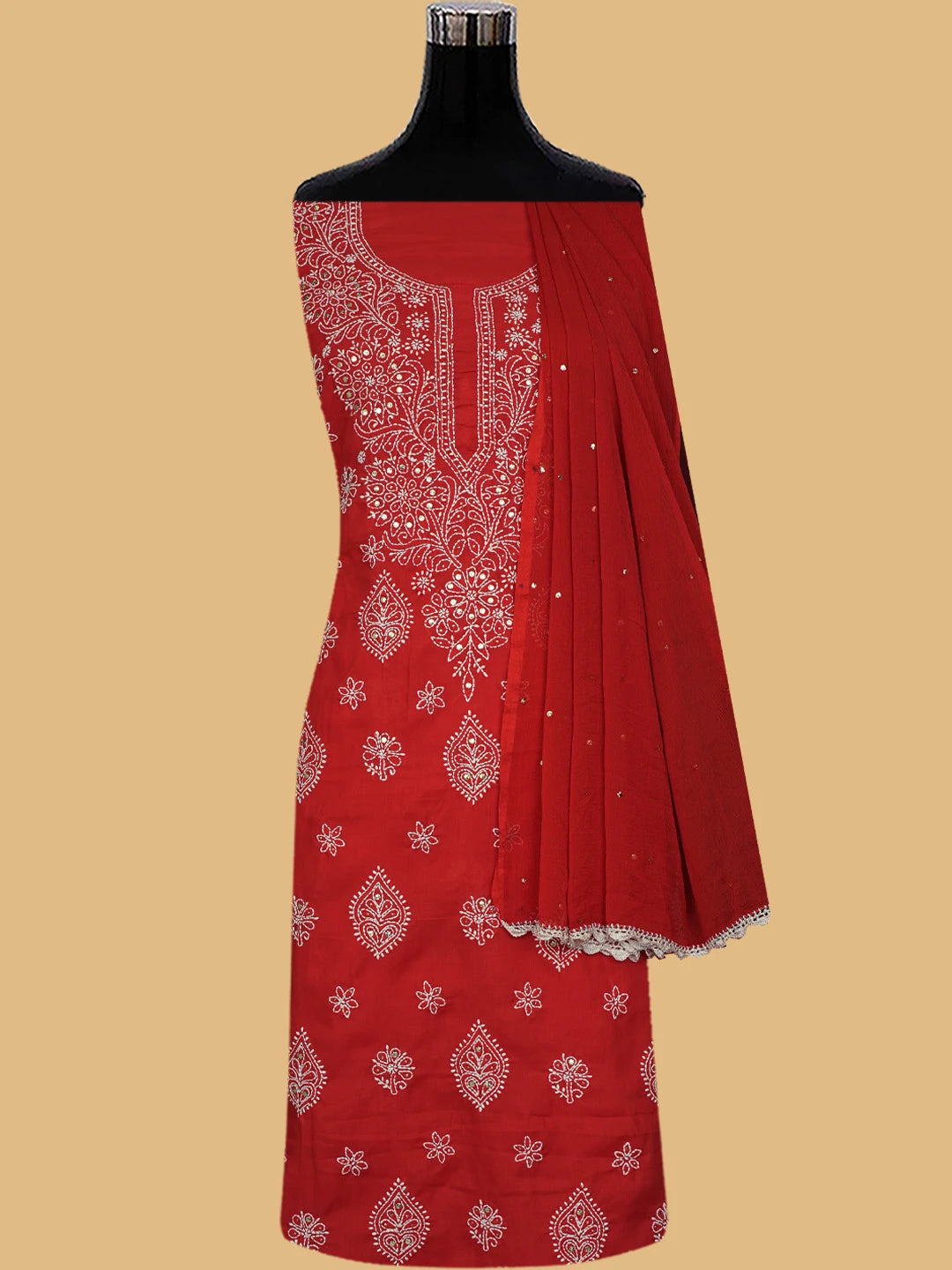 Ada Hand Embroidered Red Cotton Lucknowi Chikankari Unstitched Suit Piece With Mukaish Work 01A657401