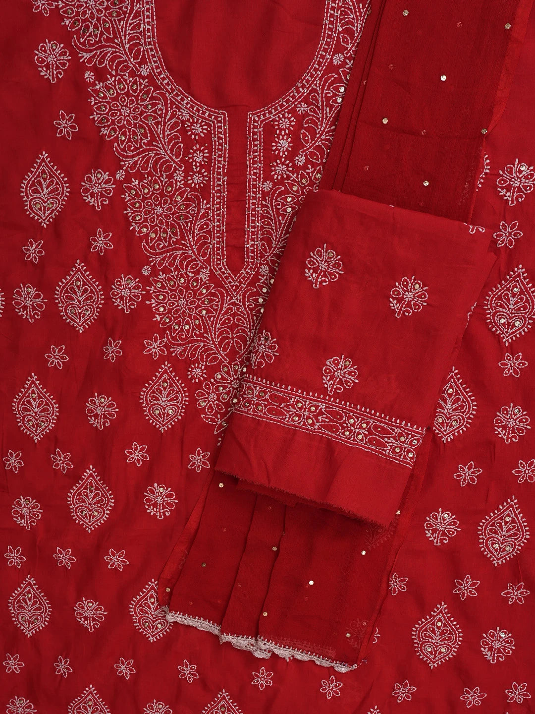 Ada Hand Embroidered Red Cotton Lucknowi Chikankari Unstitched Suit Piece With Mukaish Work 01A657401