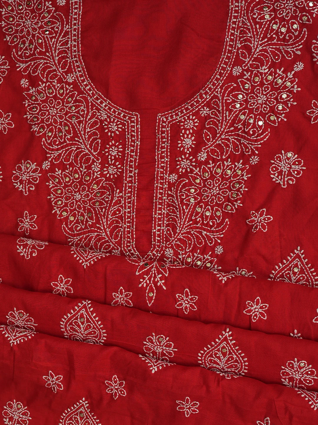 Ada Hand Embroidered Red Cotton Lucknowi Chikankari Unstitched Suit Piece With Mukaish Work 01A657401