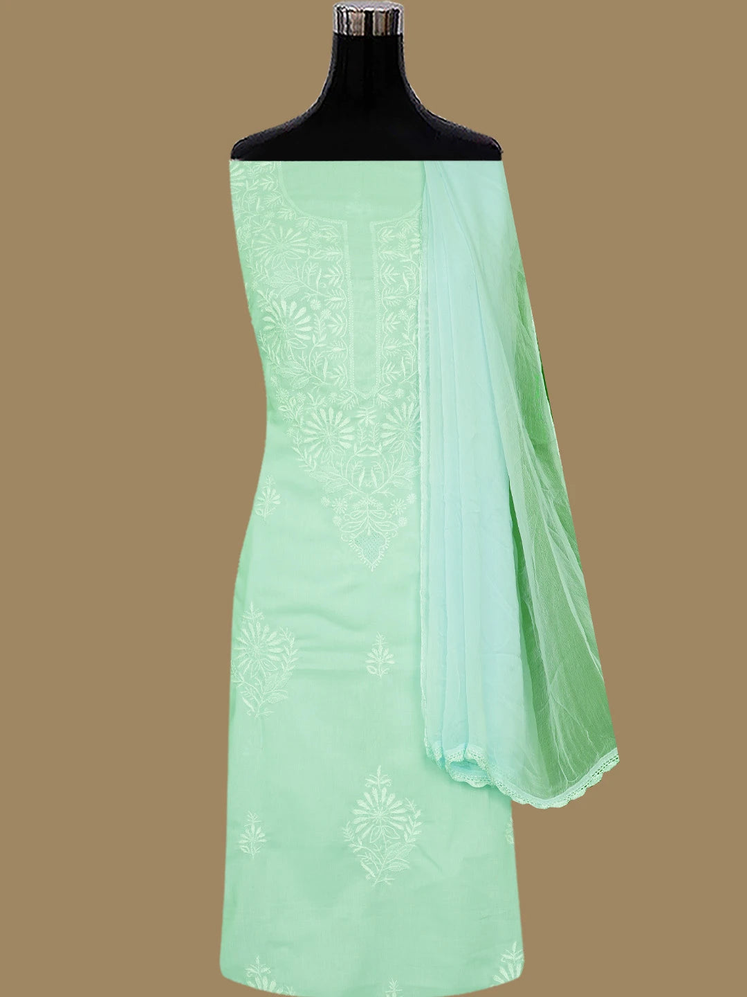 Ada Hand Embroidered Sea Green Cotton Lucknowi Chikankari Unstitched Suit Piece 01A762956