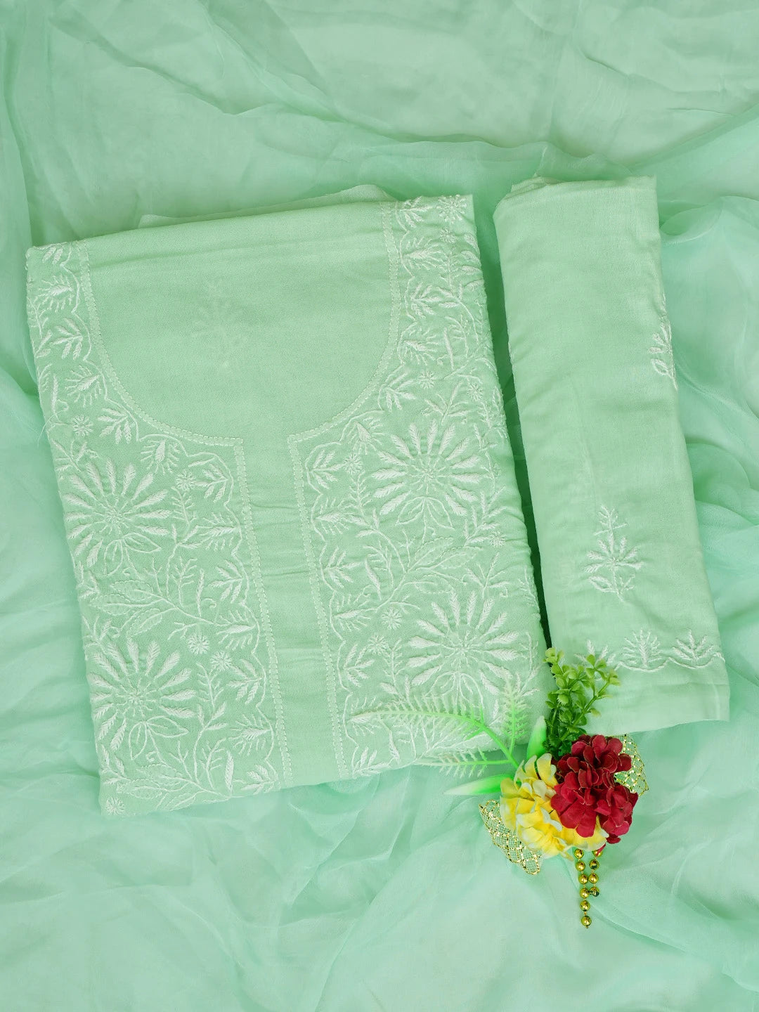 Ada Hand Embroidered Sea Green Cotton Lucknowi Chikankari Unstitched Suit Piece 01A762956