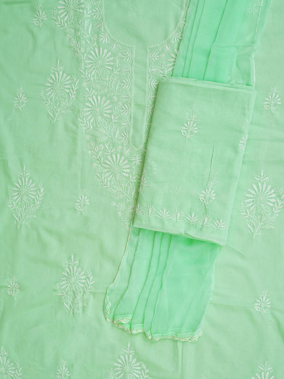 Ada Hand Embroidered Sea Green Cotton Lucknowi Chikankari Unstitched Suit Piece 01A762956