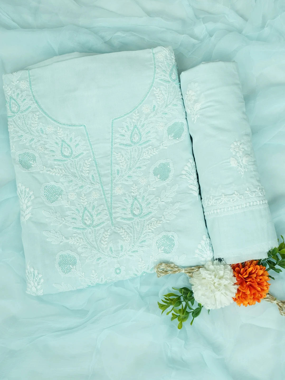 Ada Hand Embroidered Light Blue Cotton Lucknowi Chikankari Unstitched Suit Piece 01A767223