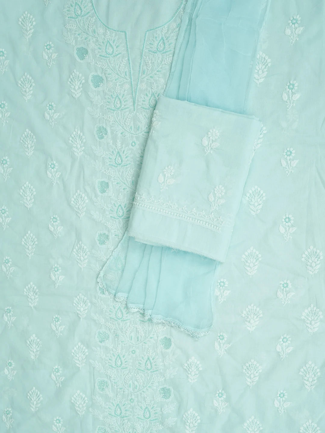 Ada Hand Embroidered Light Blue Cotton Lucknowi Chikankari Unstitched Suit Piece 01A767223