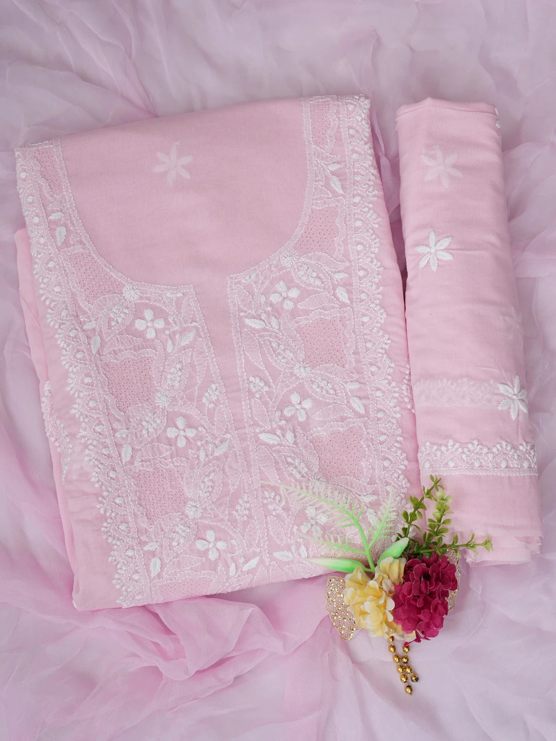 Ada Hand Embroidered Pink Cotton Lucknowi Chikankari Unstitched Suit Piece 01A762973