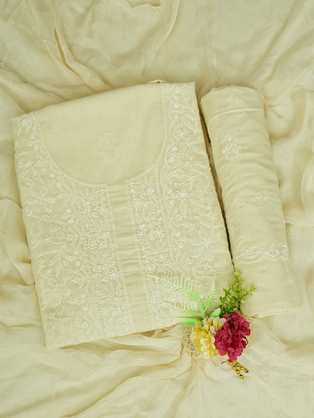 Ada Hand Embroidered Fawn Cotton Lucknowi Chikankari Unstitched Suit Piece 01A727743