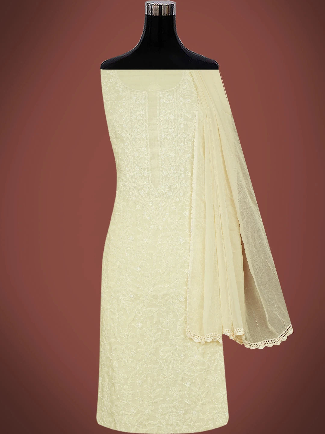 Ada Hand Embroidered Fawn Cotton Lucknowi Chikankari Unstitched Suit Piece 01A727743