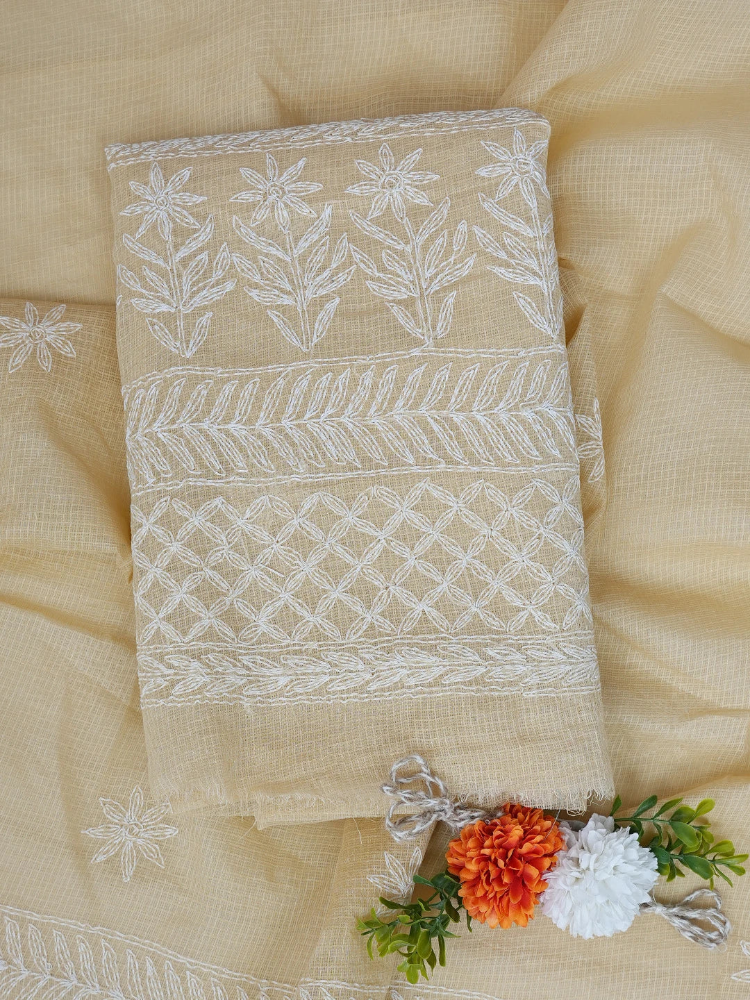 Ada Hand Embroidered Fawn Kota Lucknowi Chikankari Unstitched Kurta Dupatta Set 01A751303