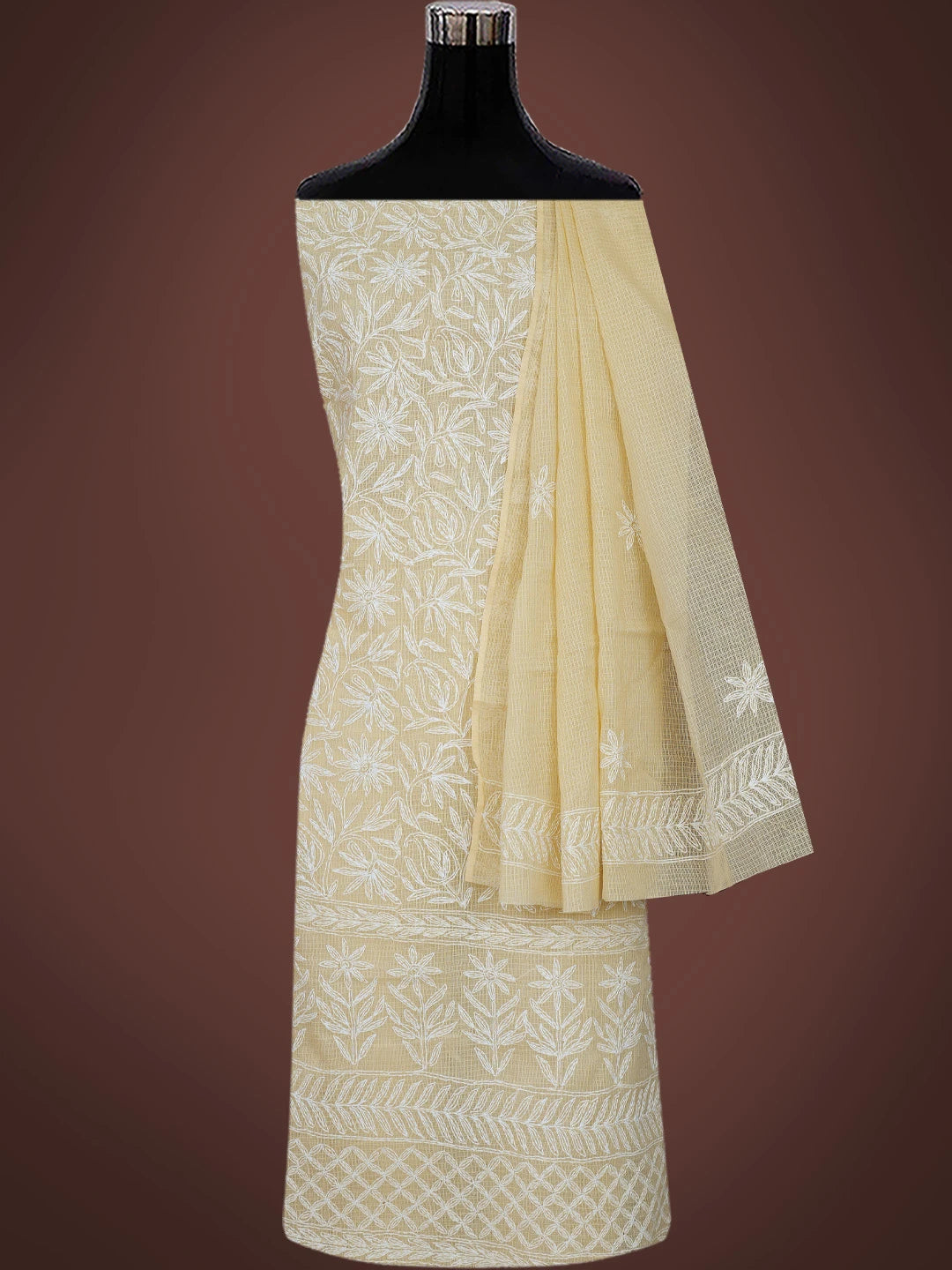 Ada Hand Embroidered Fawn Kota Lucknowi Chikankari Unstitched Kurta Dupatta Set 01A751303