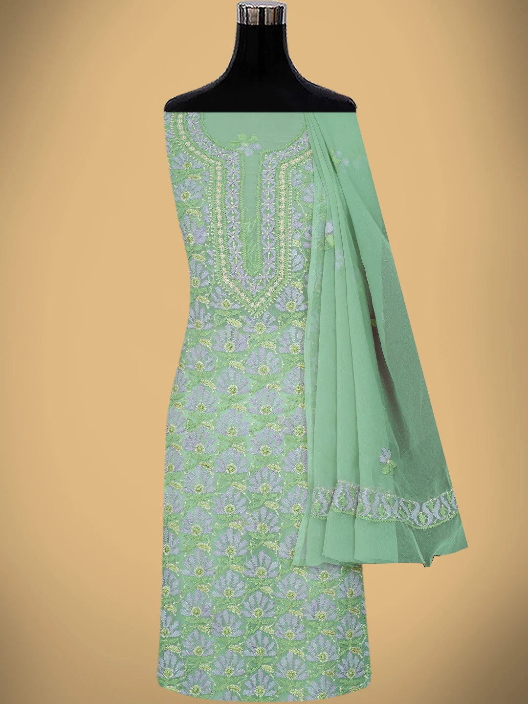 Ada Hand Embroidered Olive Green Georgette Lucknowi Chikankari Unstitched Suit Piece 01A758423