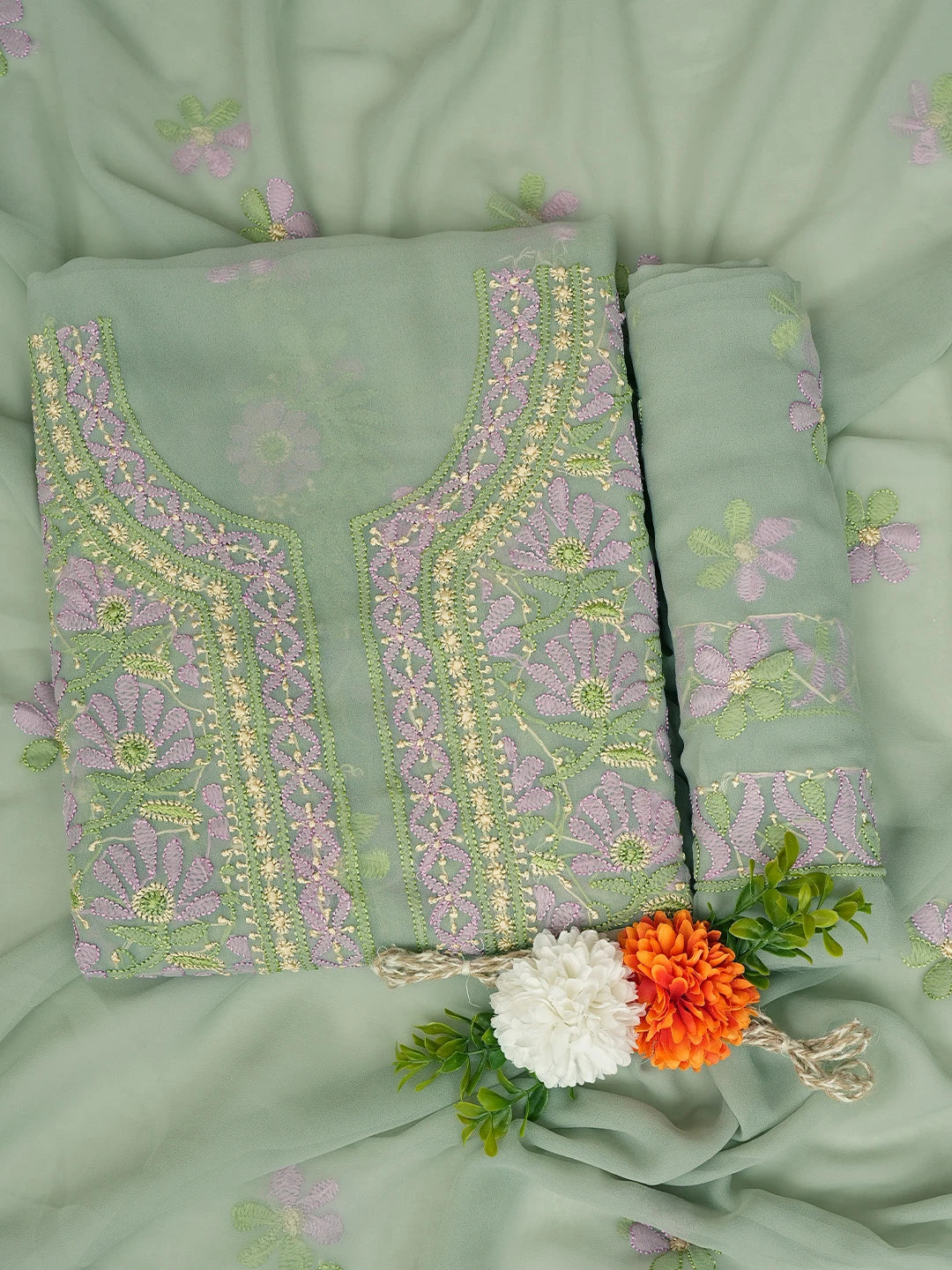 Ada Hand Embroidered Olive Green Georgette Lucknowi Chikankari Unstitched Suit Piece 01A758423