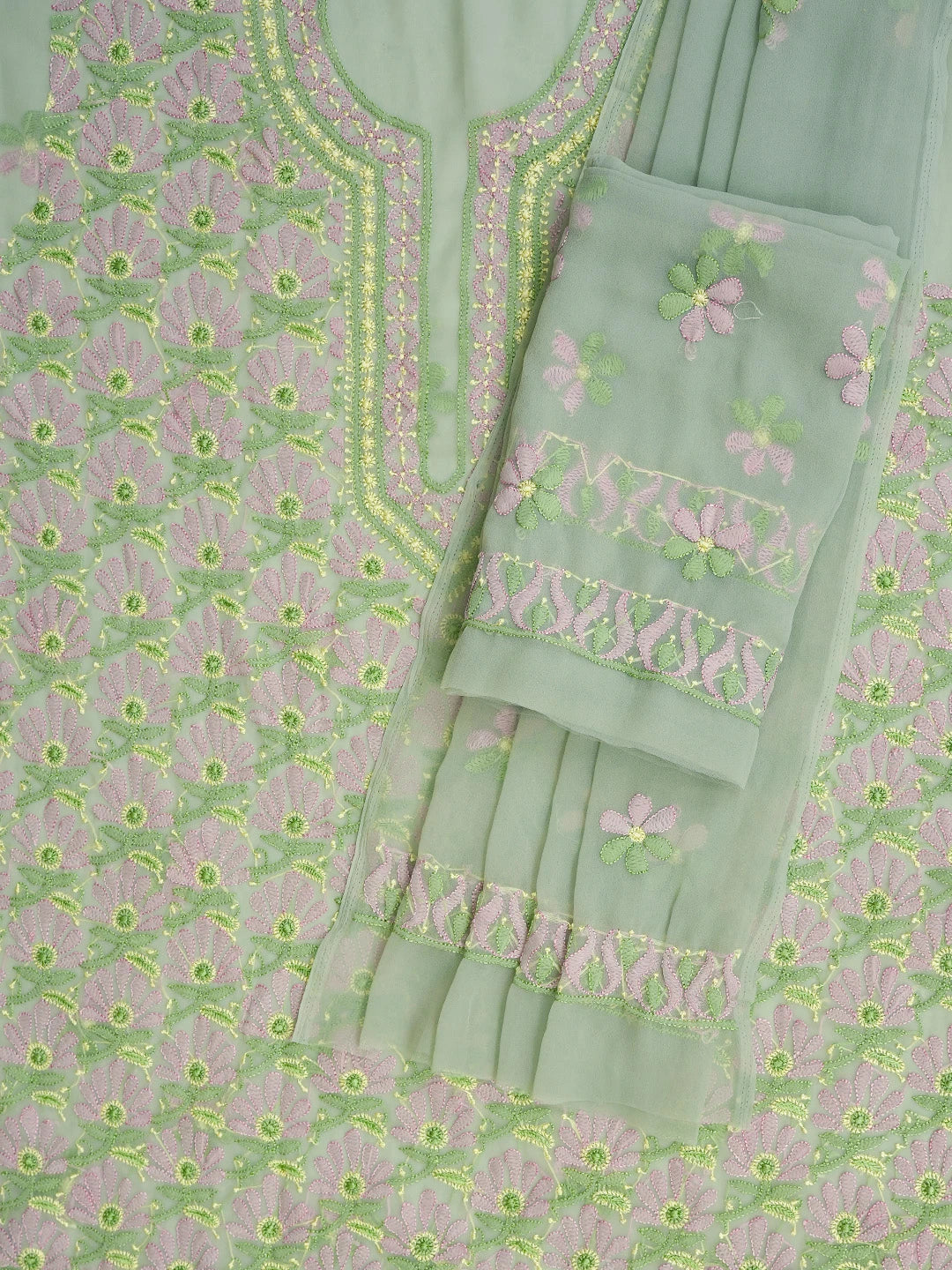 Ada Hand Embroidered Olive Green Georgette Lucknowi Chikankari Unstitched Suit Piece 01A758423
