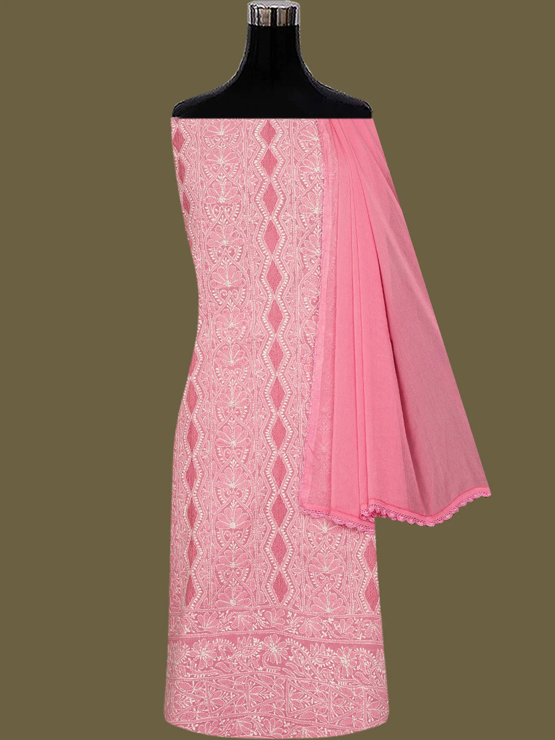 Ada Hand Embroidered Pink Cotton Lucknowi Chikankari Unstitched Suit Piece 01A772947