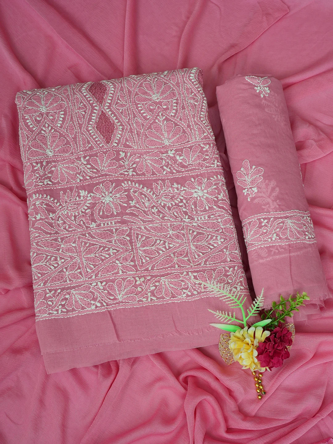 Ada Hand Embroidered Pink Cotton Lucknowi Chikankari Unstitched Suit Piece 01A772947