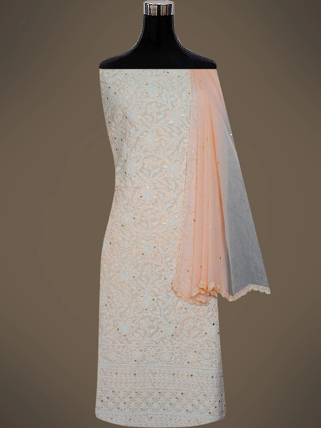Ada Hand Embroidered Peach Cotton Lucknowi Chikankari Unstitched Suit Piece With Mukaish Work 01A659598