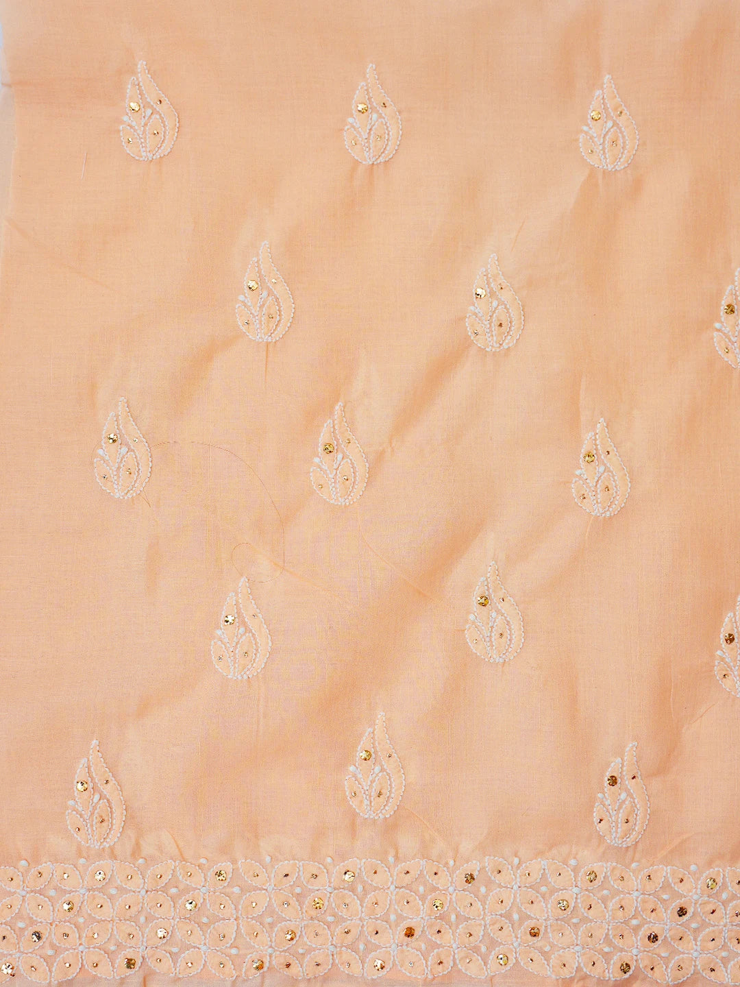 Ada Hand Embroidered Peach Cotton Lucknowi Chikankari Unstitched Suit Piece With Mukaish Work 01A659598