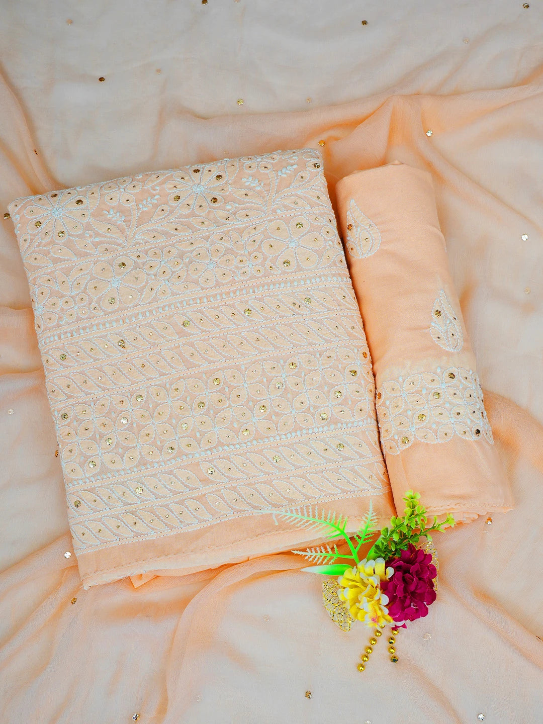 Ada Hand Embroidered Peach Cotton Lucknowi Chikankari Unstitched Suit Piece With Mukaish Work 01A659598