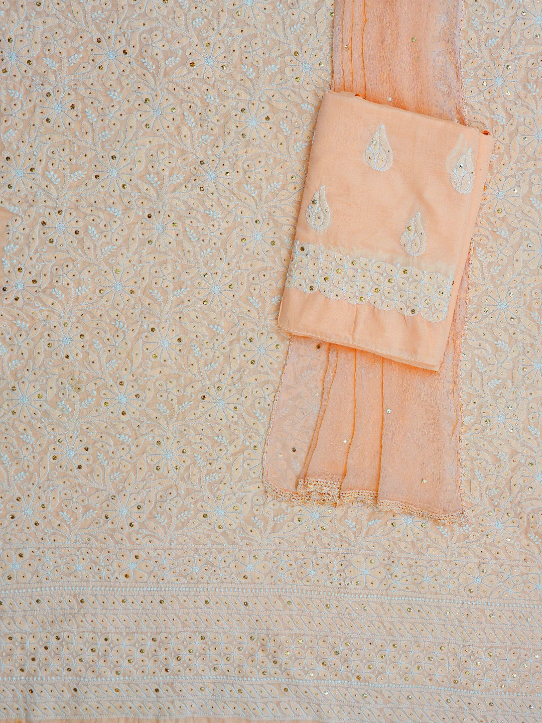 Ada Hand Embroidered Peach Cotton Lucknowi Chikankari Unstitched Suit Piece With Mukaish Work 01A659598