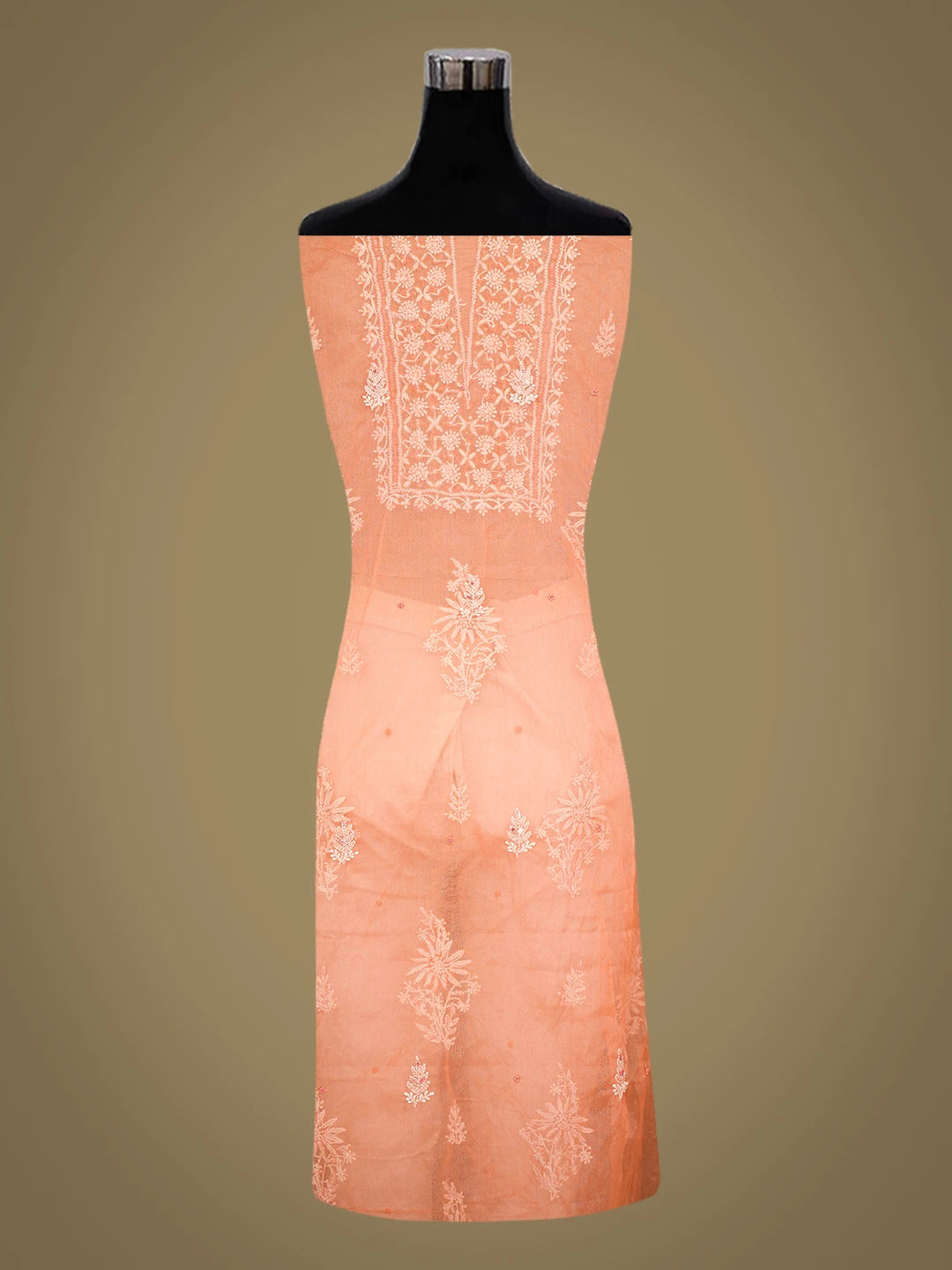Ada Hand Embroidered Coral Organza Lucknowi Chikankari Unstitched Kurta Dupatta Set With Sequinned Work 01A772866