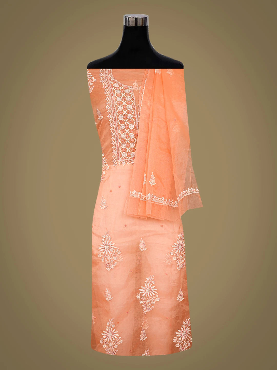 Ada Hand Embroidered Coral Organza Lucknowi Chikankari Unstitched Kurta Dupatta Set With Sequinned Work 01A772866