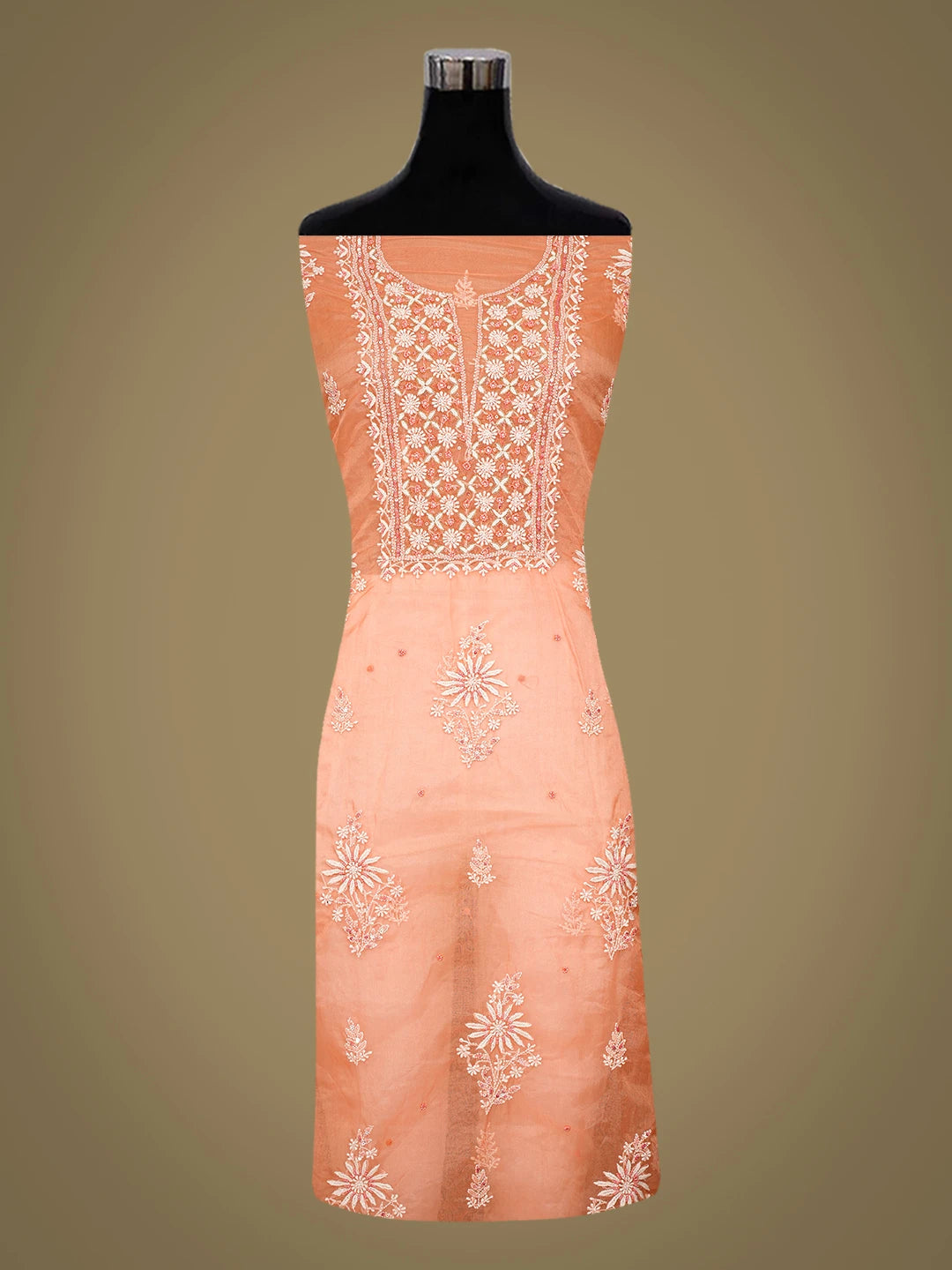 Ada Hand Embroidered Coral Organza Lucknowi Chikankari Unstitched Kurta Dupatta Set With Sequinned Work 01A772866