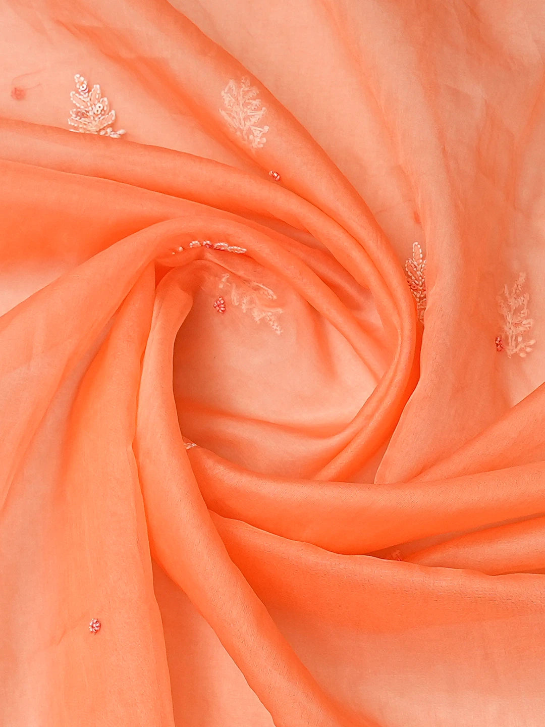 Ada Hand Embroidered Coral Organza Lucknowi Chikankari Unstitched Kurta Dupatta Set With Sequinned Work 01A772866
