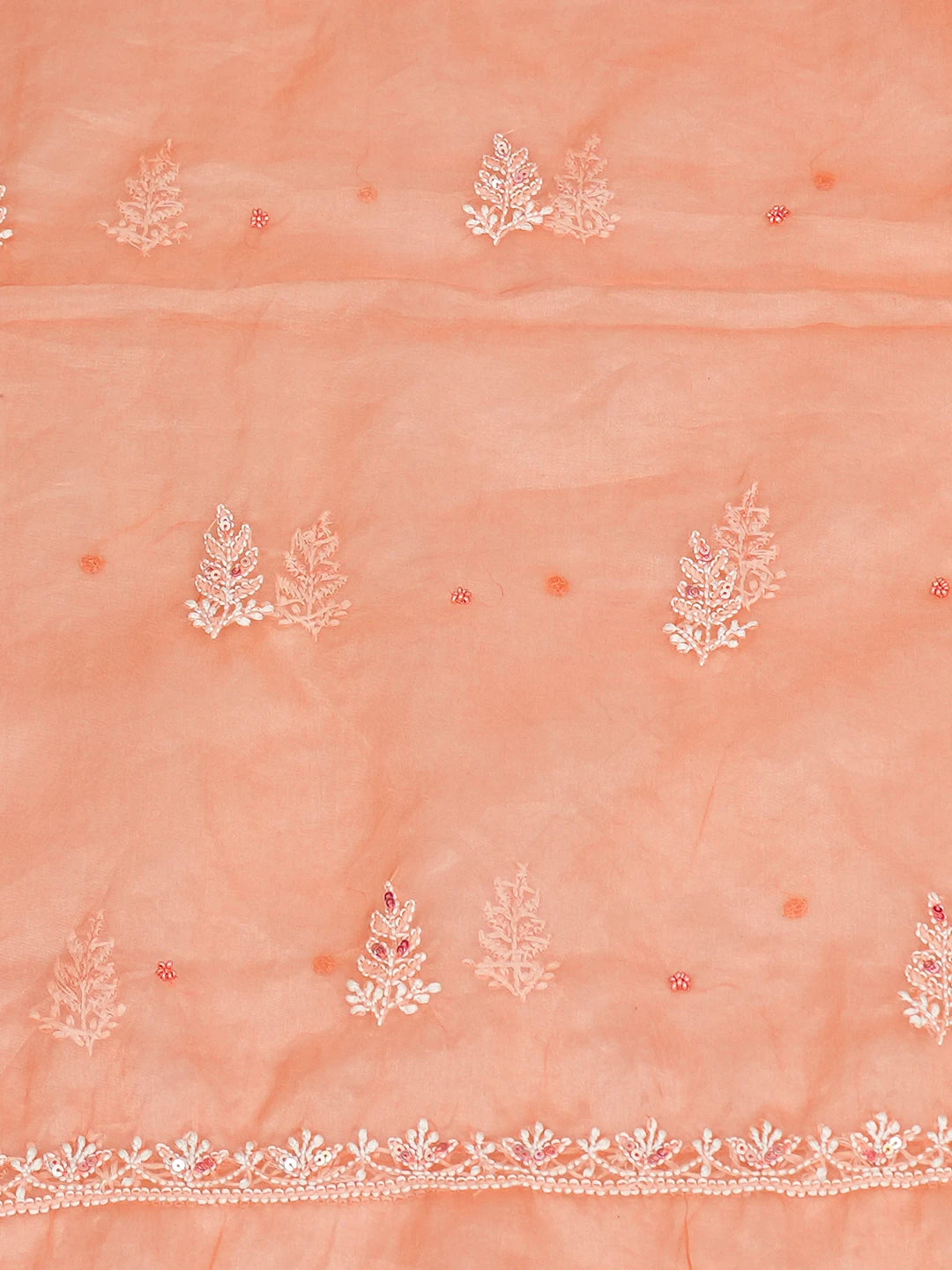 Ada Hand Embroidered Coral Organza Lucknowi Chikankari Unstitched Kurta Dupatta Set With Sequinned Work 01A772866