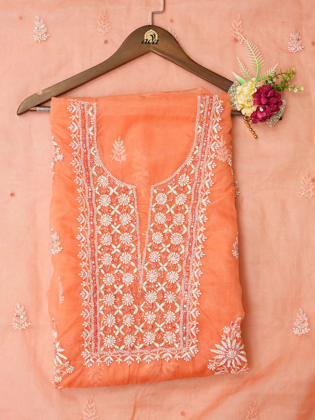 Ada Hand Embroidered Coral Organza Lucknowi Chikankari Unstitched Kurta Dupatta Set With Sequinned Work 01A772866