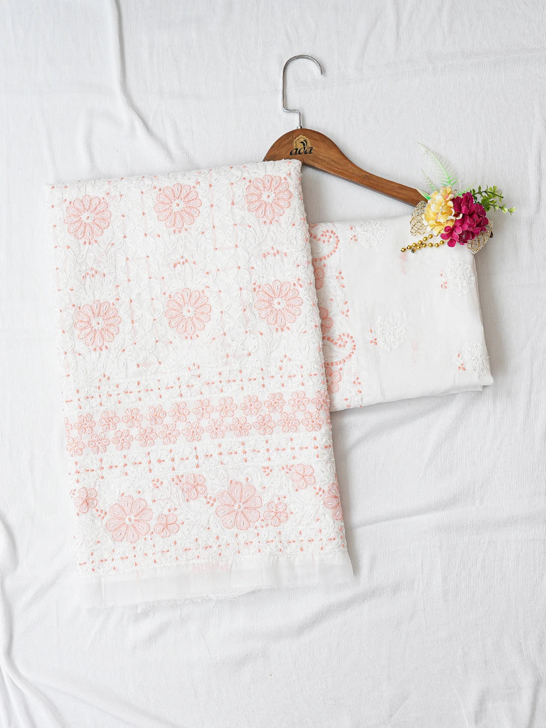 Ada Hand Embroidered White Cotton Lucknowi Chikankari Unstitched Suit Piece With Cutdana Work 01A690033