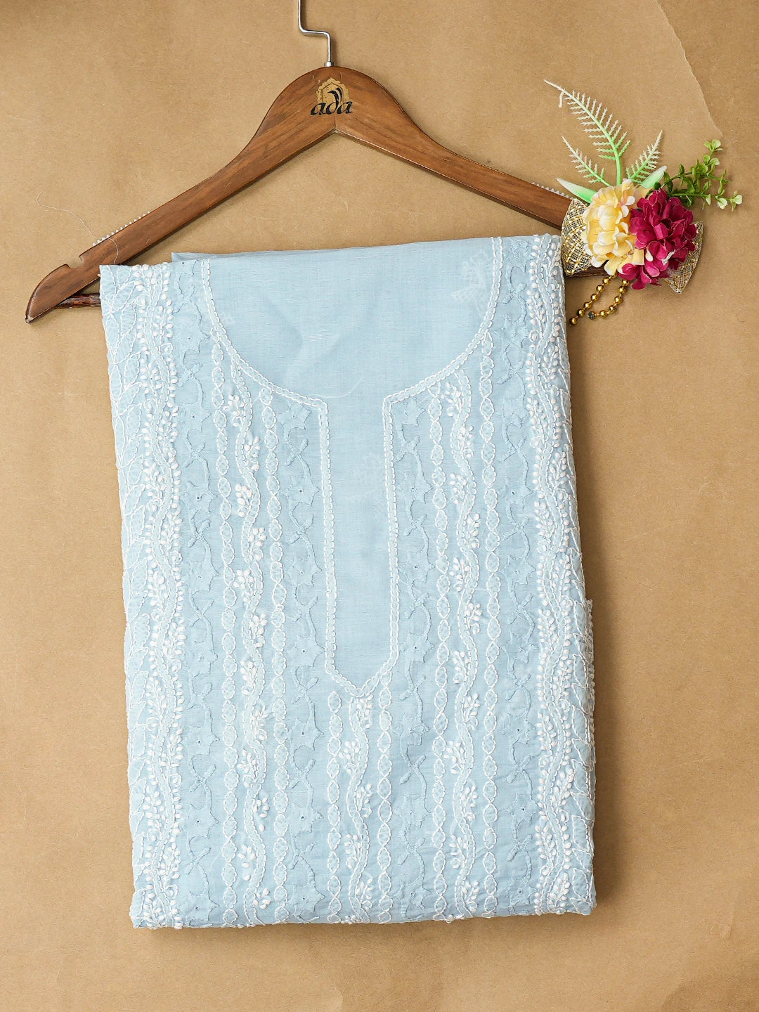 Ada Hand Embroidered Blue Cotton Lucknowi Chikankari Unstitched Kurta Piece 01A772761