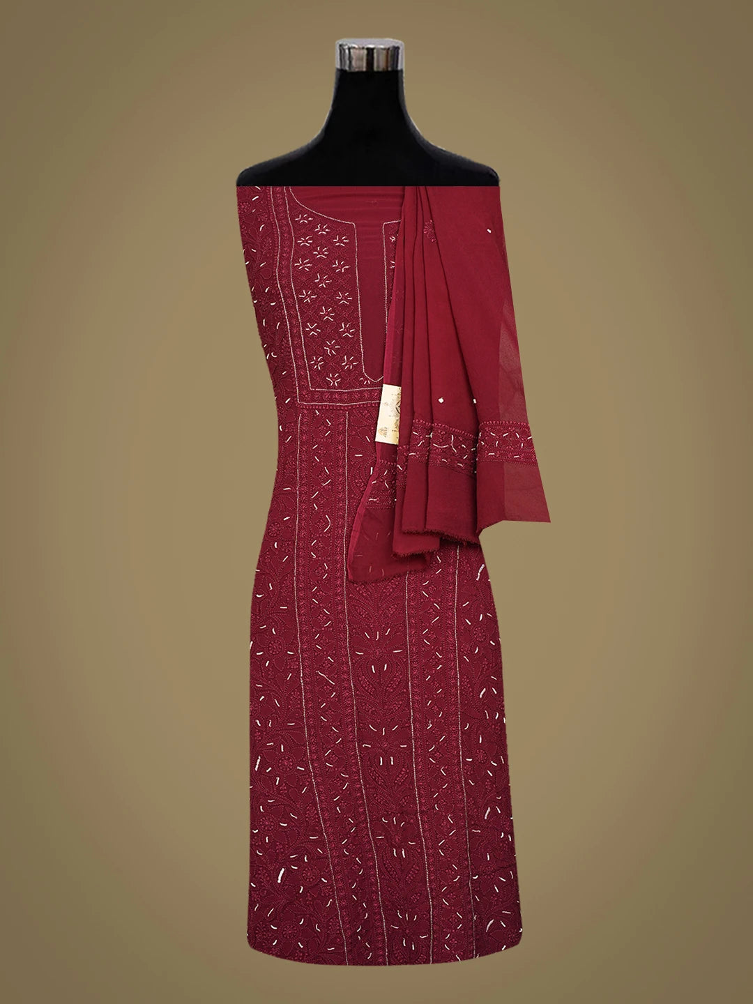 Ada Hand Embroidered Maroon Viscose Georgette Lucknowi Chikankari Unstitched Kurta Dupatta Set With Pearl Work 01A751242
