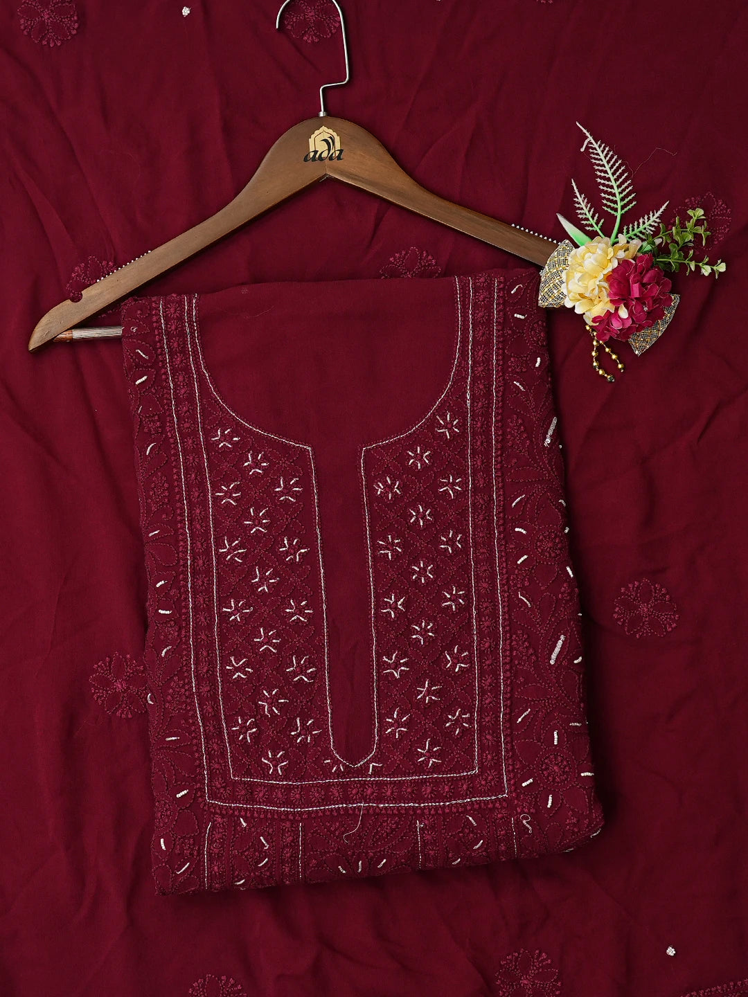 Ada Hand Embroidered Maroon Viscose Georgette Lucknowi Chikankari Unstitched Kurta Dupatta Set With Pearl Work 01A751242