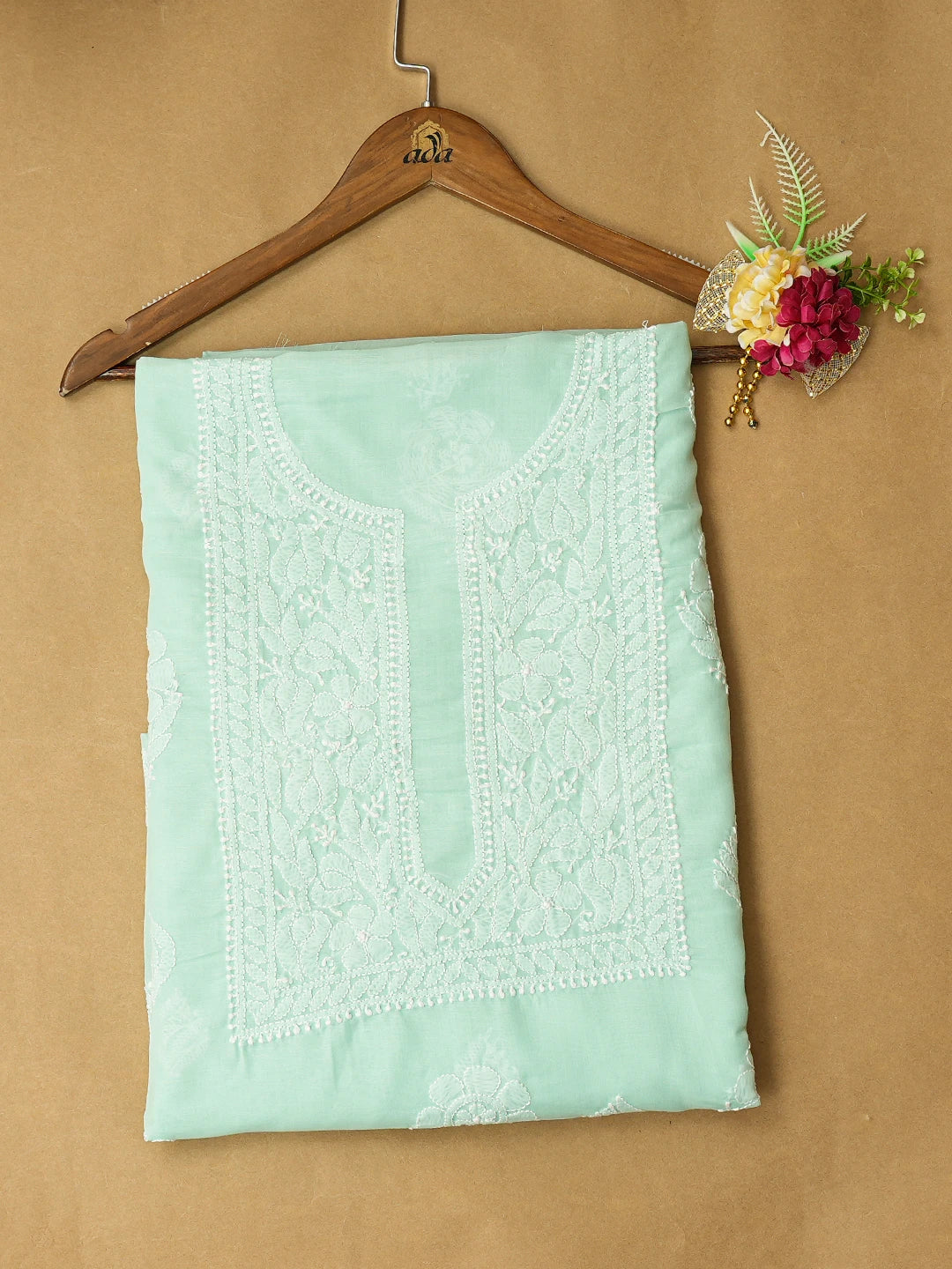 Ada Hand Embroidered Sea Green Cotton Lucknowi Chikankari Unstitched Kurta Piece 01A772858