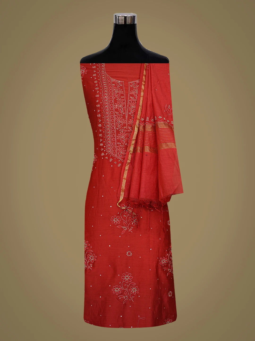 Ada Hand Embroidered Red Chanderi Lucknowi Chikankari Unstitched Kurta Dupatta Set With Cutdana Work 01A422765