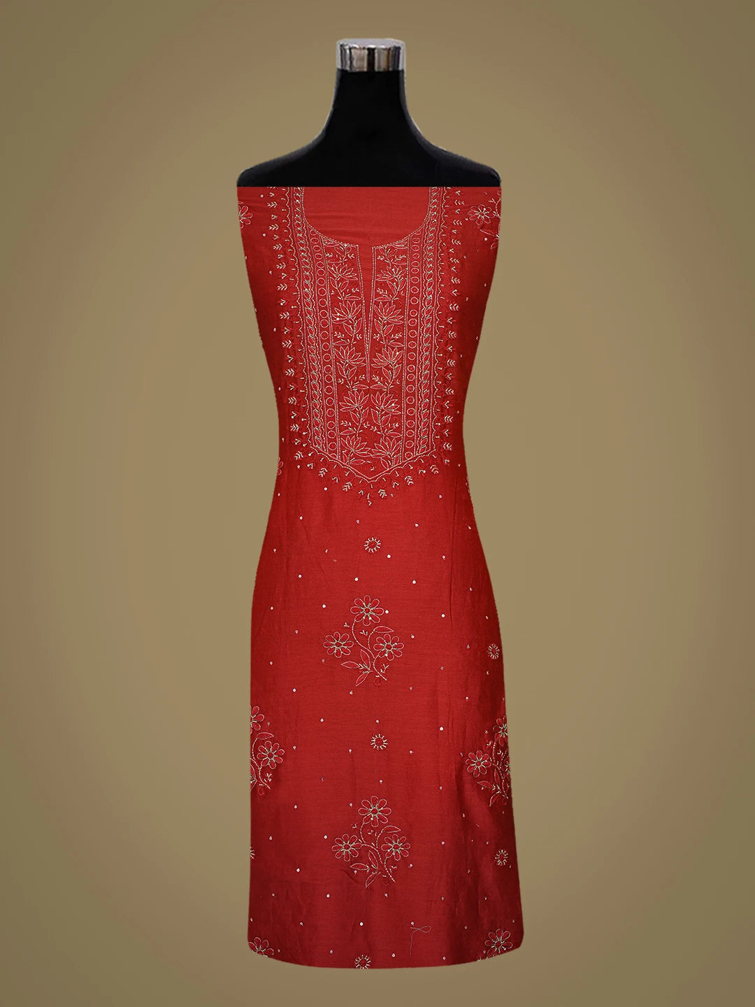 Ada Hand Embroidered Red Chanderi Lucknowi Chikankari Unstitched Kurta Dupatta Set With Cutdana Work 01A422765