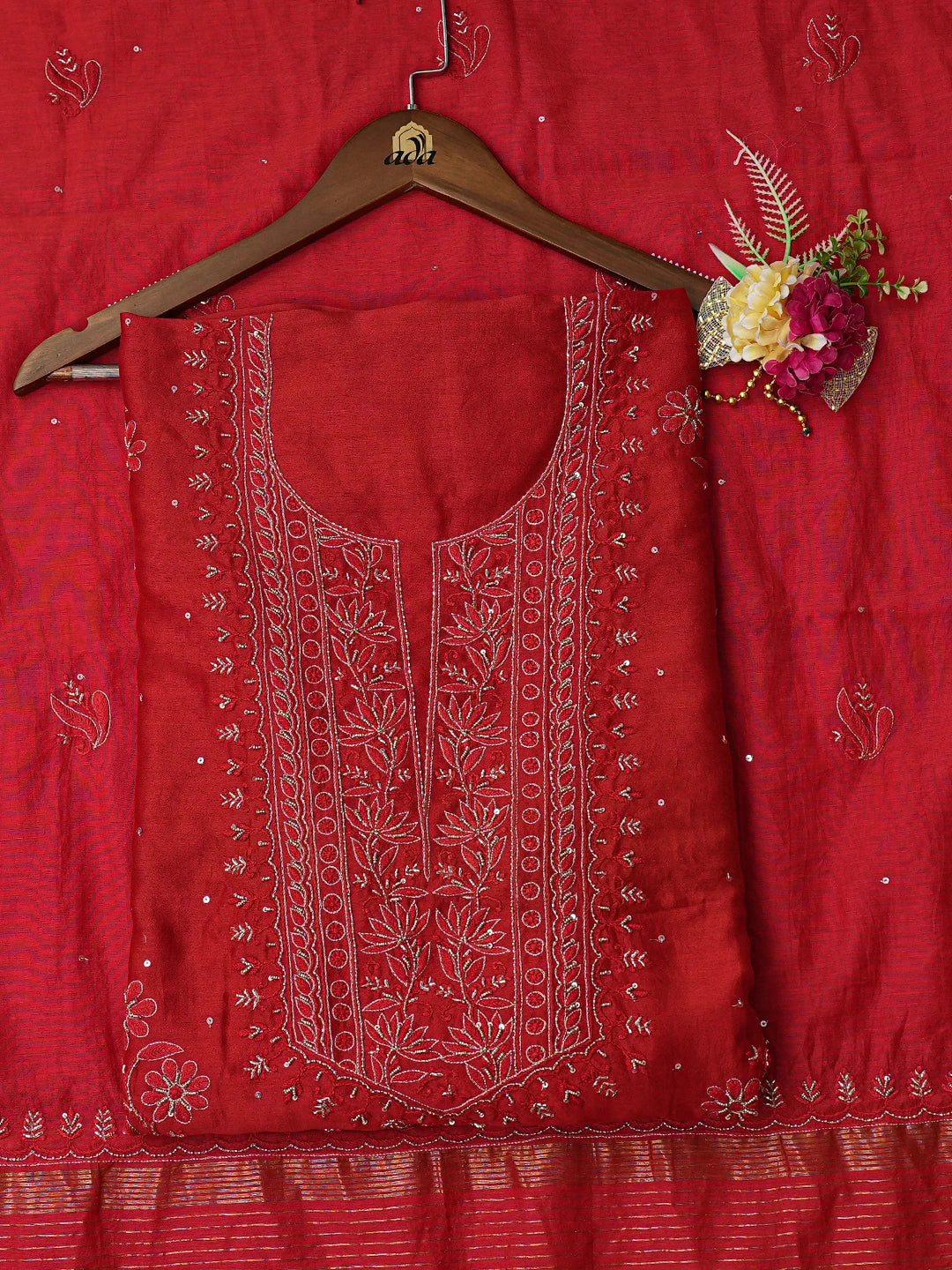 Ada Hand Embroidered Red Chanderi Lucknowi Chikankari Unstitched Kurta Dupatta Set With Cutdana Work 01A422765