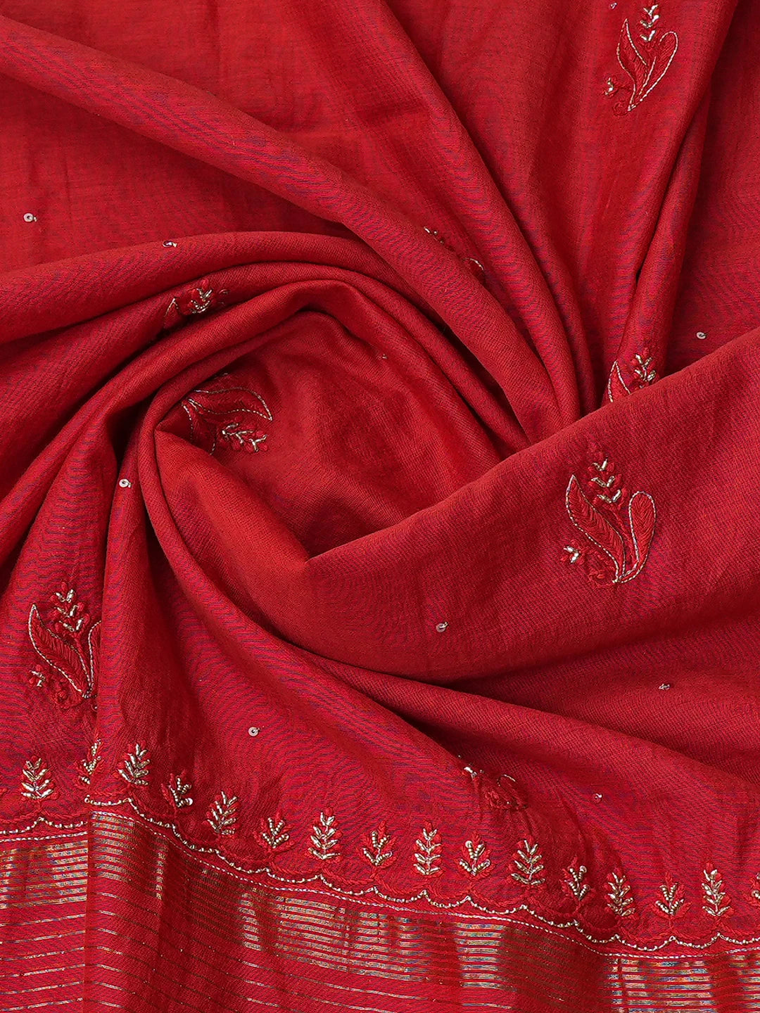 Ada Hand Embroidered Red Chanderi Lucknowi Chikankari Unstitched Kurta Dupatta Set With Cutdana Work 01A422765