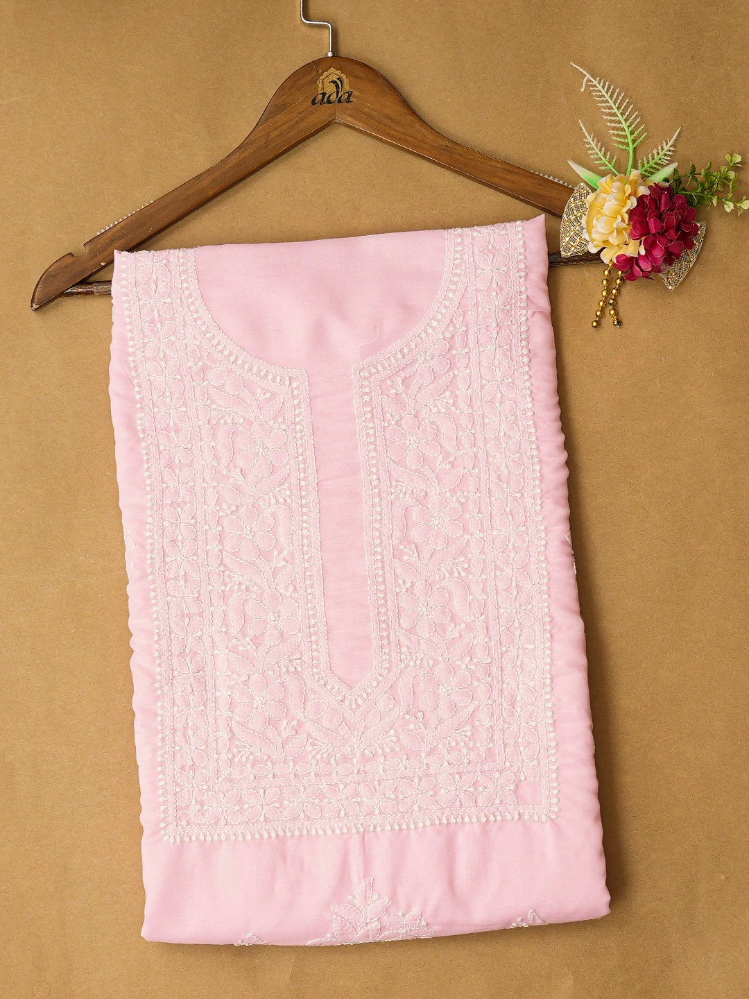Ada Hand Embroidered Pink Cotton Lucknowi Chikankari Unstitched Kurta Piece 01A772852