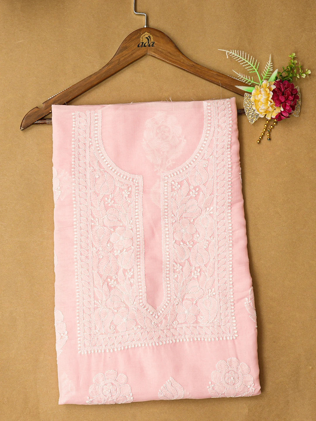 Ada Hand Embroidered Light Pink Cotton Lucknowi Chikankari Unstitched Kurta Piece 01A772853
