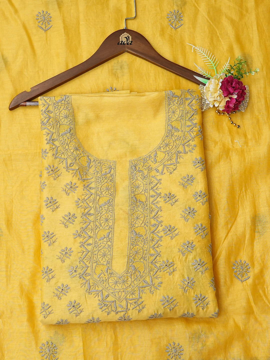 Ada Hand Embroidered Yellow Chanderi Lucknowi Chikankari Unstitched Kurta Dupatta Set 01A754241