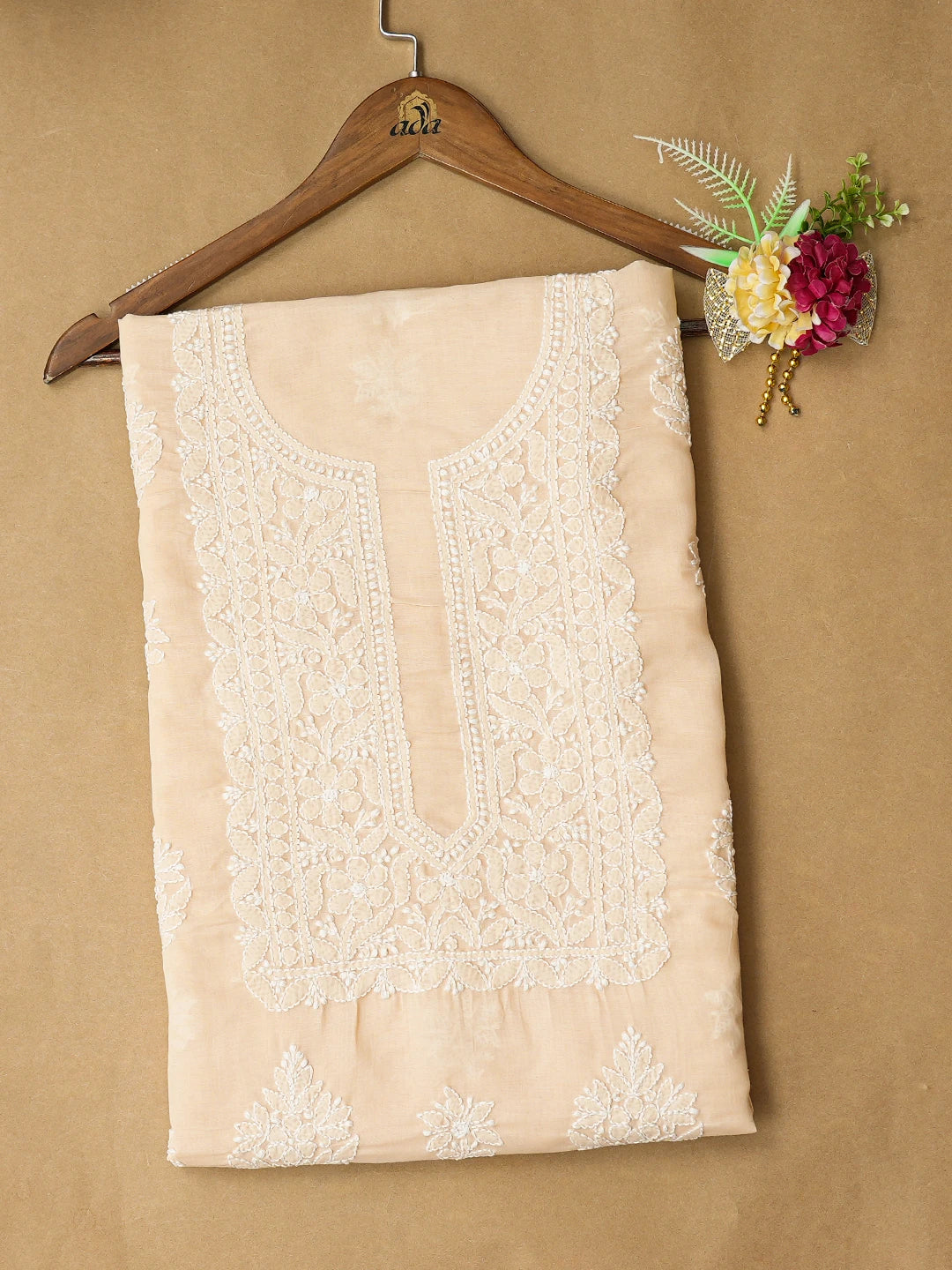 Ada Hand Embroidered Fawn Cotton Lucknowi Chikankari Unstitched Kurta Piece 01A772842