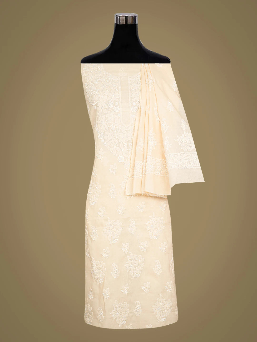 Ada Hand Embroidered Fawn Cotton Lucknowi Chikankari Unstitched Suit Piece 01A670781
