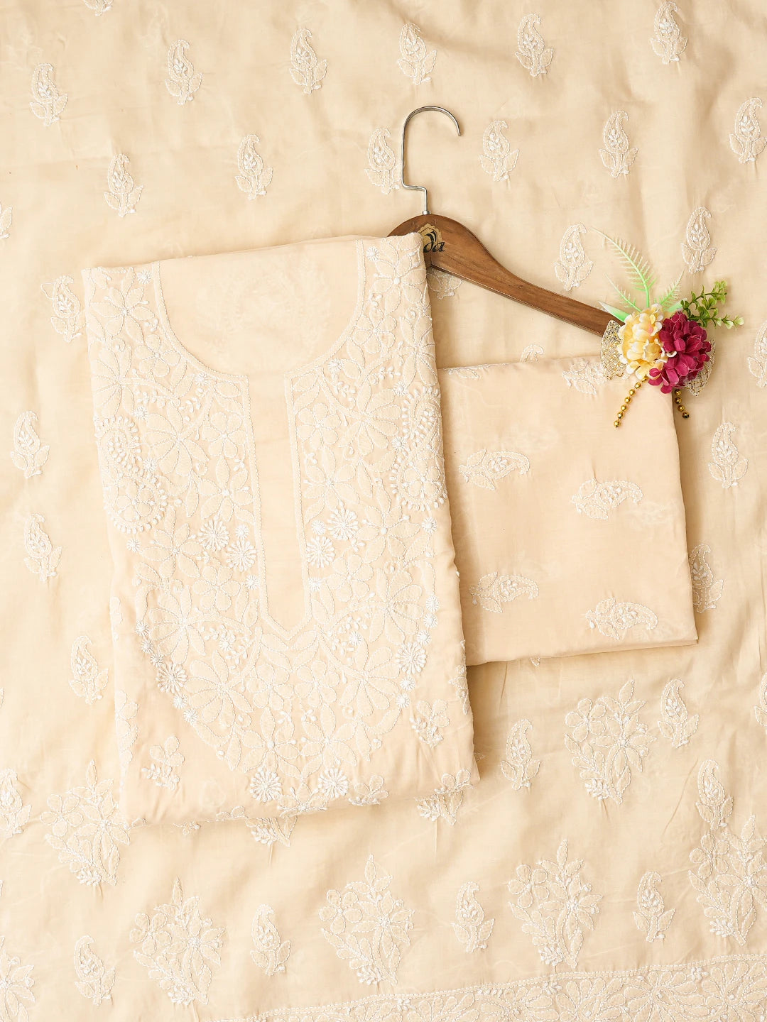 Ada Hand Embroidered Fawn Cotton Lucknowi Chikankari Unstitched Suit Piece 01A670781