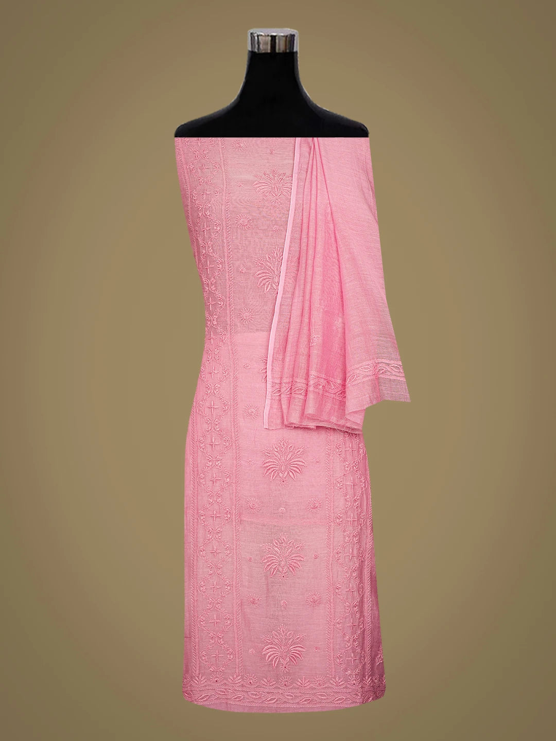 Ada Hand Embroidered Onion Pink Chanderi Lucknowi Chikankari Unstitched Kurta Dupatta Set 01A643168