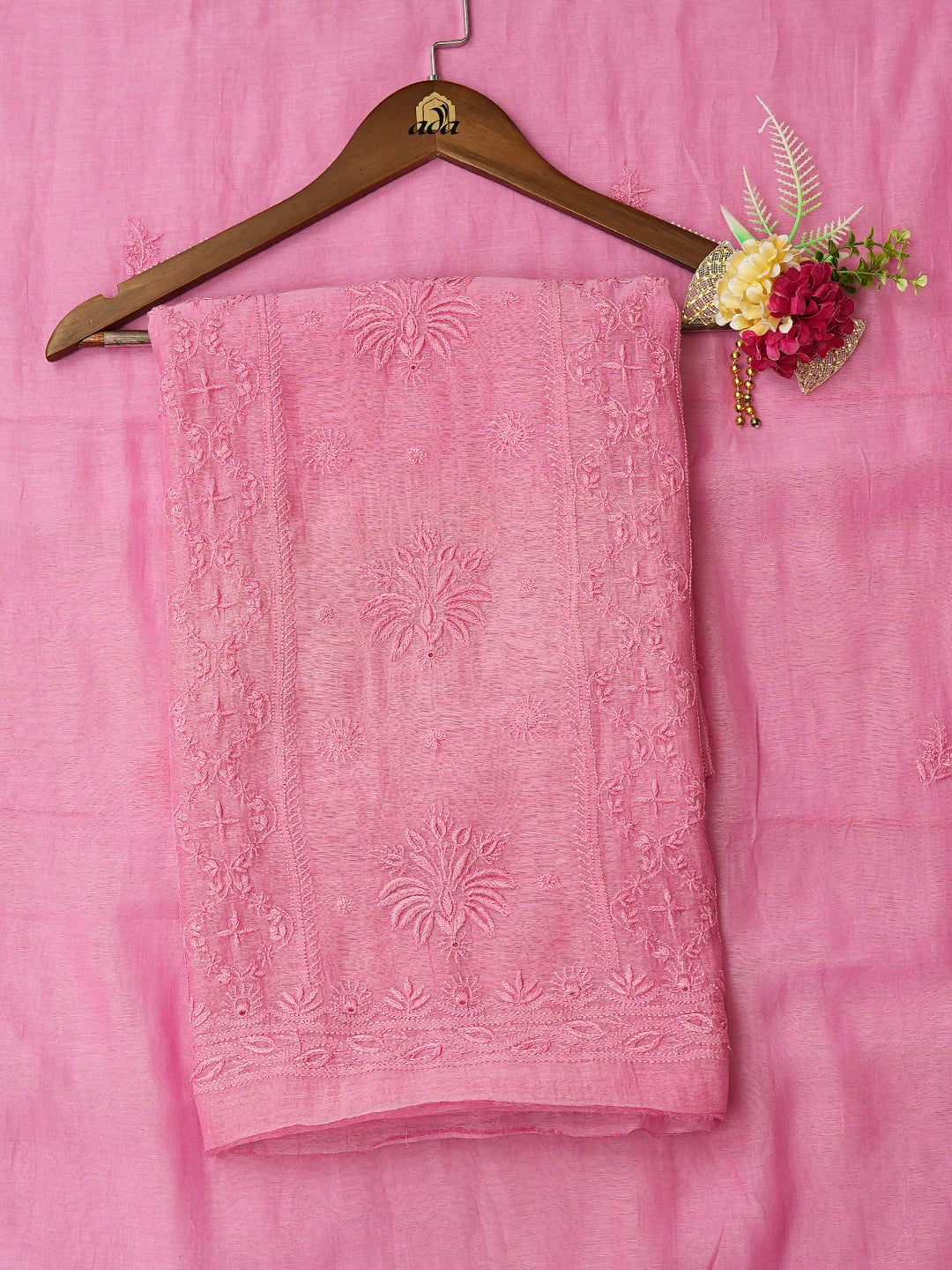 Ada Hand Embroidered Onion Pink Chanderi Lucknowi Chikankari Unstitched Kurta Dupatta Set 01A643168