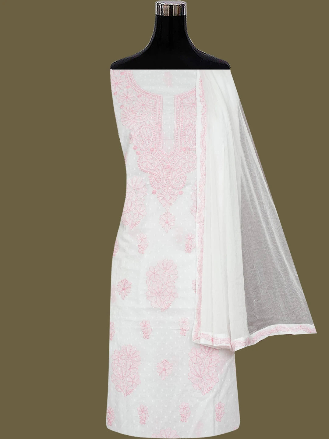 Ada Hand Embroidered White Cotton Lucknowi Chikankari Unstitched Suit Piece 01A764947