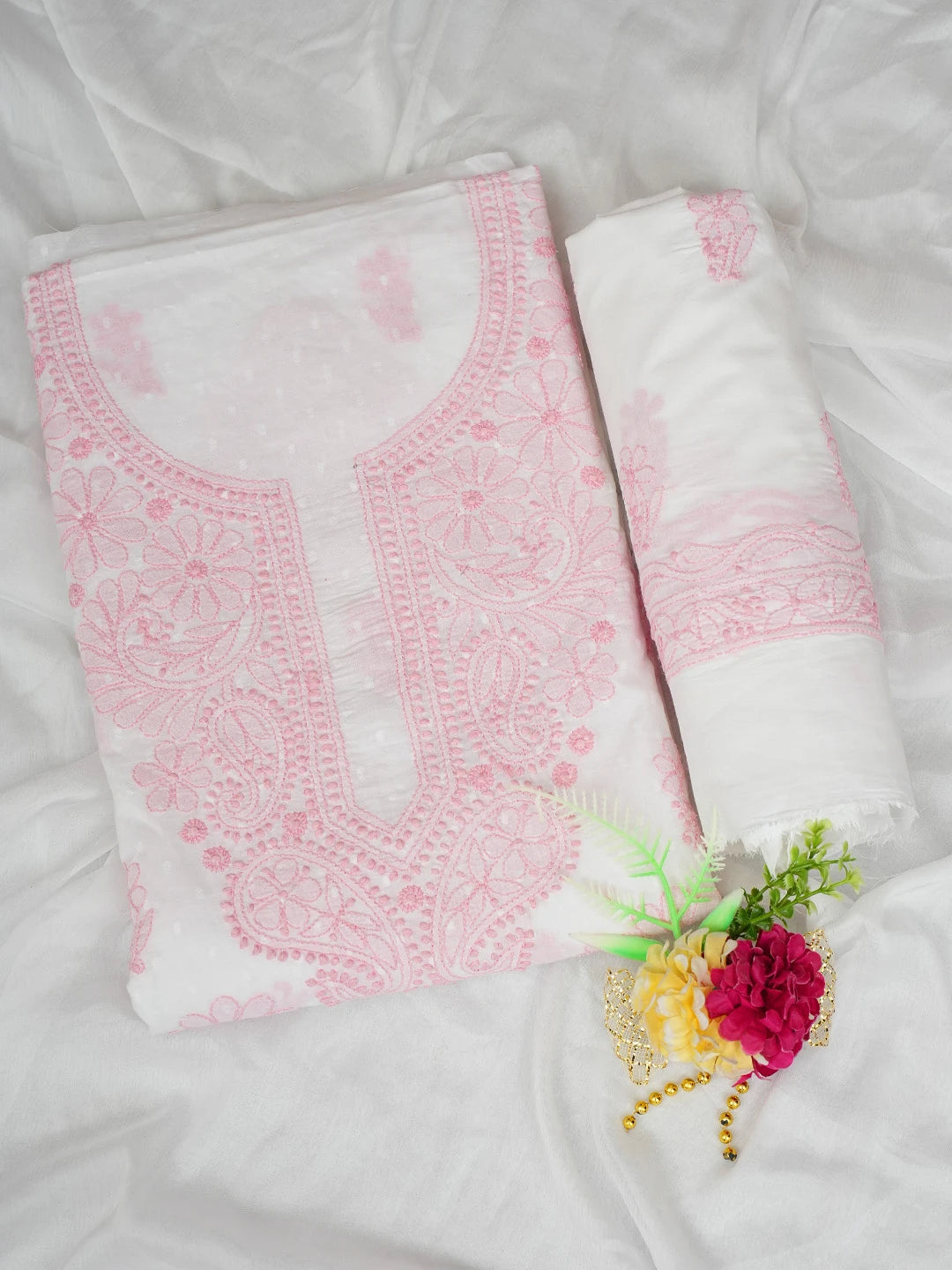 Ada Hand Embroidered White Cotton Lucknowi Chikankari Unstitched Suit Piece 01A764947