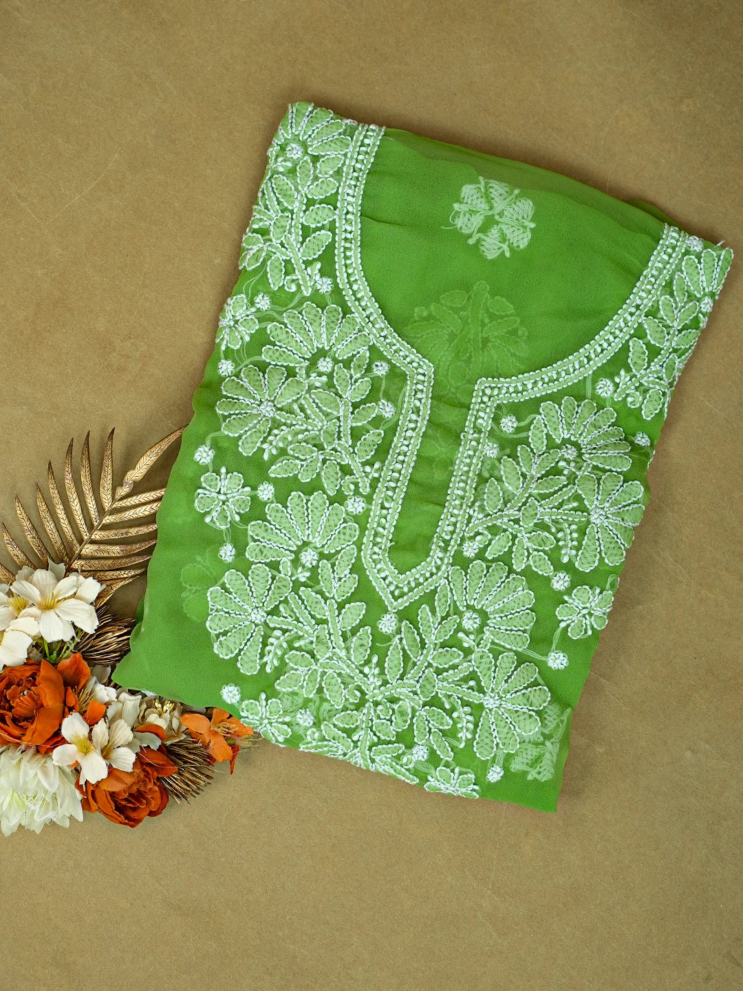 Ada Hand Embroidered Green Georgette Lucknowi Chikankari Unstitched Kurta Piece 01A751451