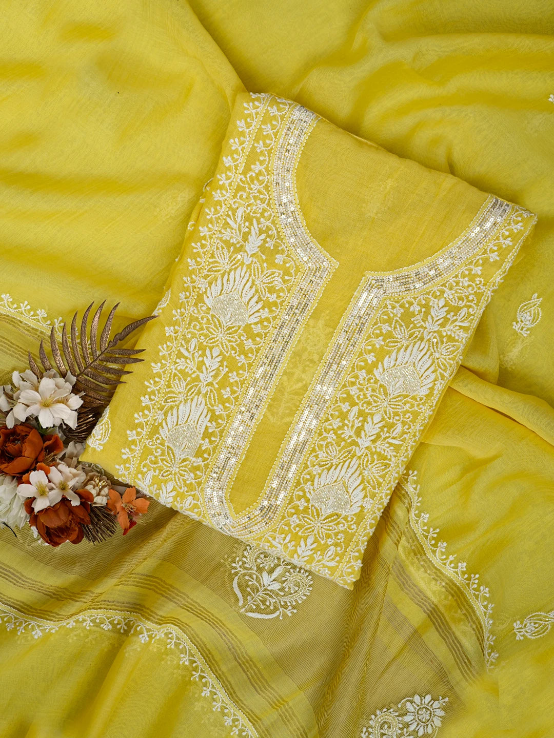 Ada Hand Embroidered Yellow Chanderi Lucknowi Chikankari Semi-Stitched Kurta Dupatta Set with Cutdana Work 01A722422