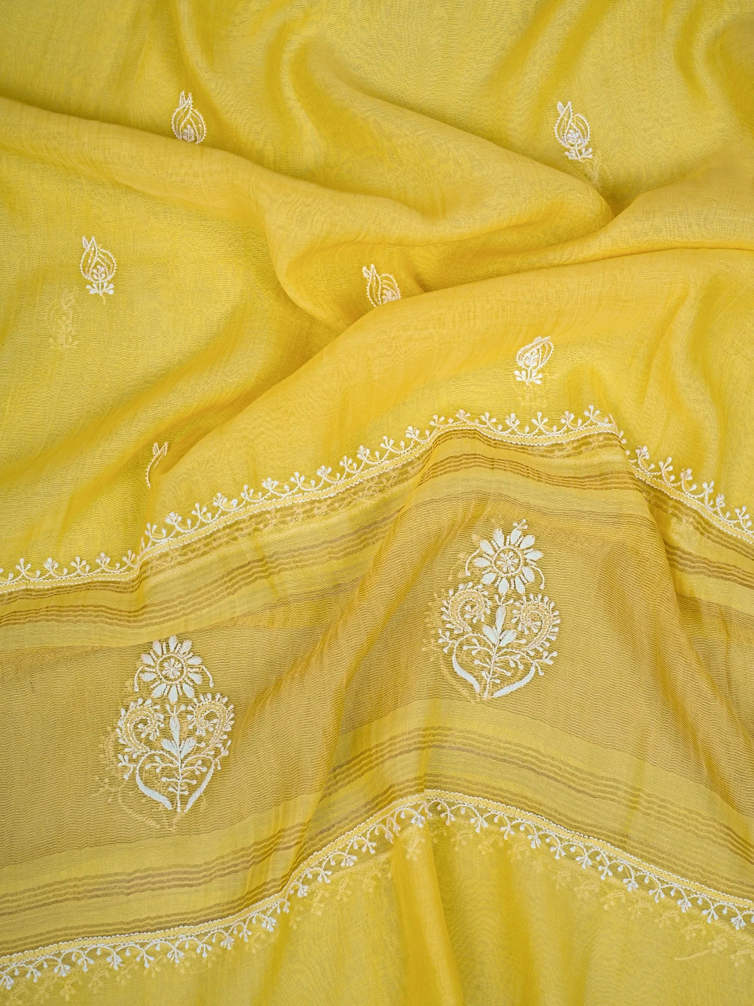 Ada Hand Embroidered Yellow Chanderi Lucknowi Chikankari Semi-Stitched Kurta Dupatta Set with Cutdana Work 01A722422